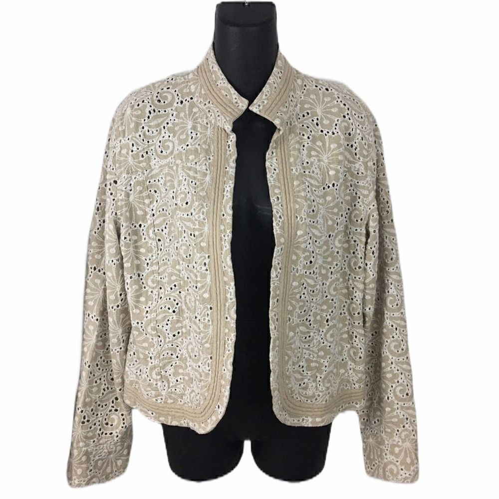 Chico’s Linen Beige Eyelet Open Jacket Size Medium 8